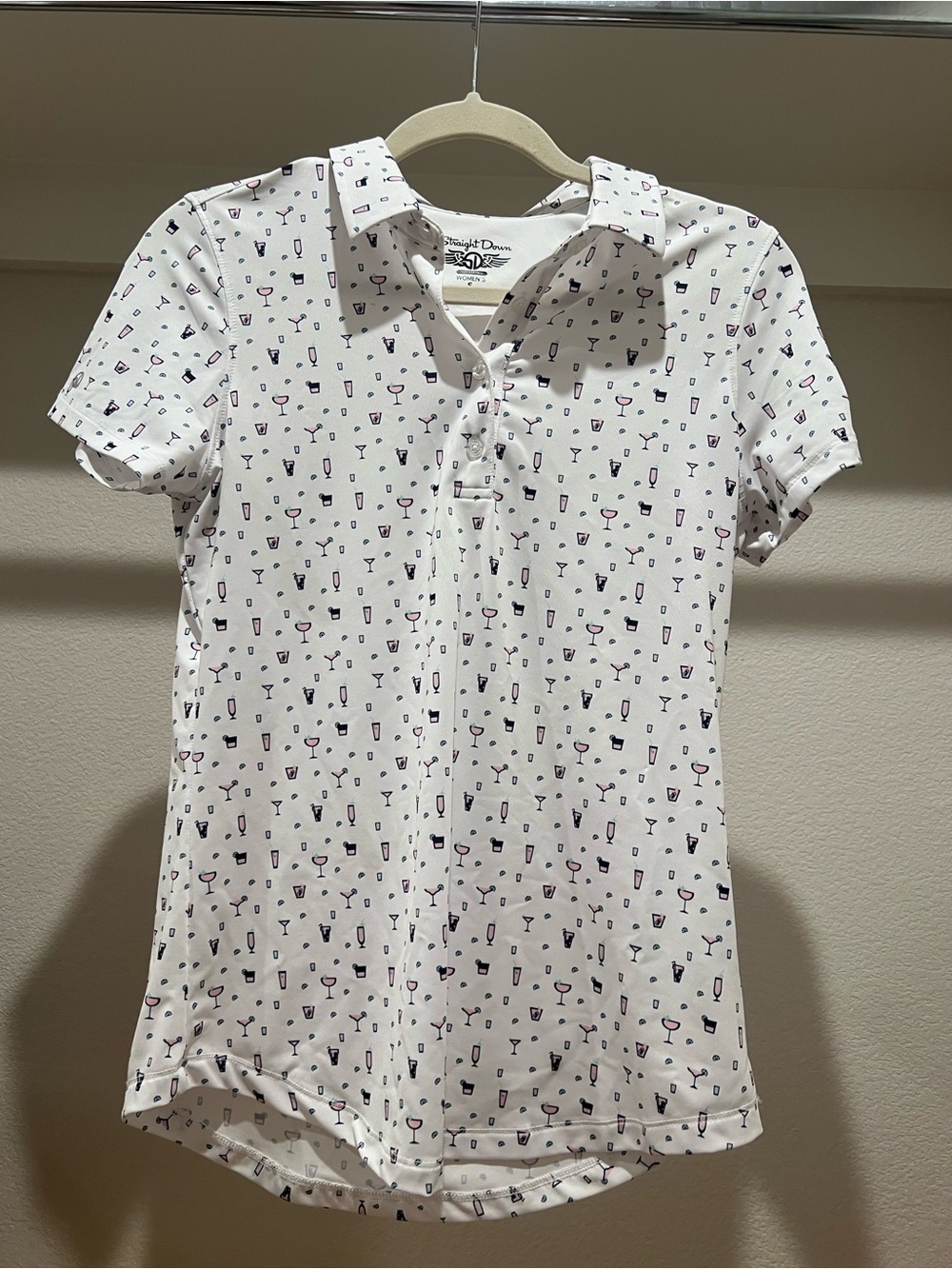 STRAIGHT DOWN White Collared Polo Tee with Cocktail Print
